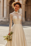 Ivory High Neck Satin Princess Sweep Train Wedding Dress with Sleeves