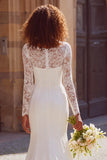 White Mermaid Chiffon Boat Neck Sweep Train Wedding Dress with Sleeves