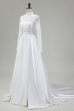 Vintage Ivory Satin High Neck Ball Gown Wedding Dress with Lace