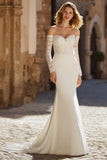 Ivory Mermaid Off the Shoulder Chiffon Wedding Dress with Sleeves