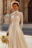 Ivory High Neck Ball Gown Satin Vintage Wedding Dress with Sleeves