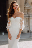 White Chiffon Off the Shoulder Mermaid Wedding Dress with Sleeves