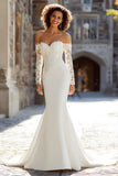 White Satin Long Sleeves Mermaid Wedding Dress with Lace