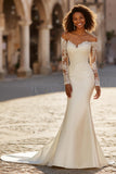 Ivory Satin Mermaid Sweep Train Wedding Dress with Sleeves