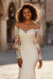 Ivory Satin Mermaid Sweep Train Wedding Dress with Sleeves