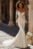 Ivory Long Sleeves Satin Sweep Train Mermaid Wedding Dress