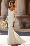 White Mermaid Sweep Train Satin Wedding Dress with Sleeves