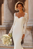 White Mermaid Sweep Train Satin Wedding Dress with Sleeves