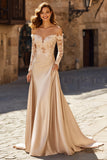 Champagne Satin Off the Shoulder Maxi Wedding Dress with Sleeves