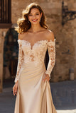 Champagne Satin Off the Shoulder Maxi Wedding Dress with Sleeves