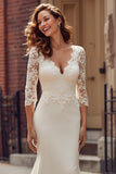 Ivory Mermaid Chiffon V-Neck Sweep Train Wedding Dress with Lace