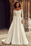 Princess Ivory Satin Off the Shoulder Long Sleeves Wedding Dress with Lace