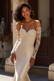 Ivory Mermaid Satin Sweep Train Wedding Dress with Sleeves
