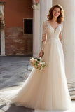 Princess Ivory Tulle V-Neck Long Sleeves Wedding Dress with Lace