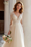 Princess Ivory Tulle V-Neck Long Sleeves Wedding Dress with Lace