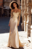 Champagne Satin Mermaid Off the Shoulder Sweep Train Wedding Dress with Sleeves