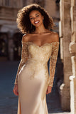 Champagne Satin Mermaid Off the Shoulder Sweep Train Wedding Dress with Sleeves
