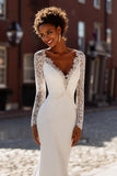White Chiffon Mermaid V-Neck Sweep Train Wedding Dress with Sleeves