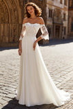 Ivory Chiffon A Line Sweep Train Off the Shoulder Wedding Dress with Sleeves