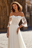 Ivory Chiffon A Line Sweep Train Off the Shoulder Wedding Dress with Sleeves
