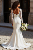 White Mermaid Scoop Neck Long Wedding Dress with Lace