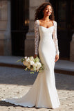 White Mermaid Scoop Neck Long Wedding Dress with Lace