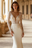 Ivory V-Neck Mermaid Sweep Train Wedding Dress with Lace