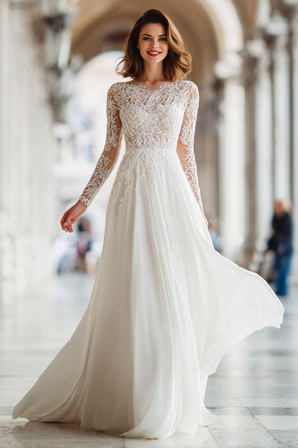 Leely Women Ivory Floor-Length Chiffon Wedding Dress with Lace A Line Illusion Boat Neck Bridal Dress with Sleeves leelyuk Leely Women Ivory Floor-Length Chiffon Wedding Dress with Lace A Line Illusion Boat Neck Bridal Dress with Sleeves leelyuk