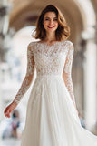 Ivory Illusion Boat Neck Floor-Length A Line Wedding Dress with Lace