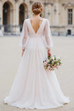 White Tulle V-Neck A Line Floor-Length Wedding Dress with Sleeves