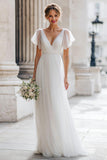 Ivory V-Neck A Line Tulle Floor-Length Wedding Dress with Sleeves