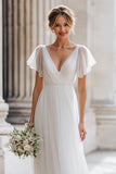 Ivory V-Neck A Line Tulle Floor-Length Wedding Dress with Sleeves
