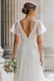 Ivory V-Neck A Line Tulle Floor-Length Wedding Dress with Sleeves