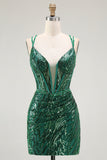 Sparkly Sequin Dark Green Corset Tight Spaghetti Straps Short Cocktail Dress
