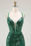 Sparkly Sequin Dark Green Corset Tight Spaghetti Straps Short Cocktail Dress