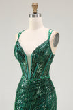 Sparkly Sequin Dark Green Corset Tight Spaghetti Straps Short Cocktail Dress