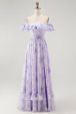 Lavender Corset Floral A Line Maxi Wedding Guest Dress with Ruffles