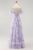 Lavender Corset Floral A Line Maxi Wedding Guest Dress with Ruffles
