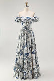 Blue A Line Floral Long Off the Shoulder Wedding Guest Dress with Ruffles