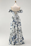 Blue A Line Floral Long Off the Shoulder Wedding Guest Dress with Ruffles