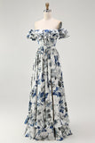 Blue A Line Floral Long Off the Shoulder Wedding Guest Dress with Ruffles