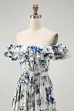 Blue A Line Floral Long Off the Shoulder Wedding Guest Dress with Ruffles
