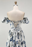 Blue A Line Floral Long Off the Shoulder Wedding Guest Dress with Ruffles
