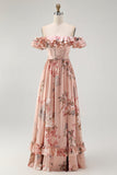 Blush Corset Floral A Line Long Wedding Guest Dress with Bow