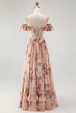 Blush Corset Floral A Line Long Wedding Guest Dress with Bow