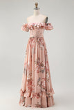 Blush Corset Floral A Line Long Wedding Guest Dress with Bow