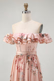 Blush Corset Floral A Line Long Wedding Guest Dress with Bow