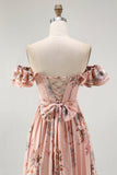Blush Corset Floral A Line Long Wedding Guest Dress with Bow