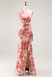 Champagne Floral Mermaid One Shoulder Long Wedding Guest Dress with Slit