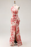 Champagne Floral Mermaid One Shoulder Long Wedding Guest Dress with Slit